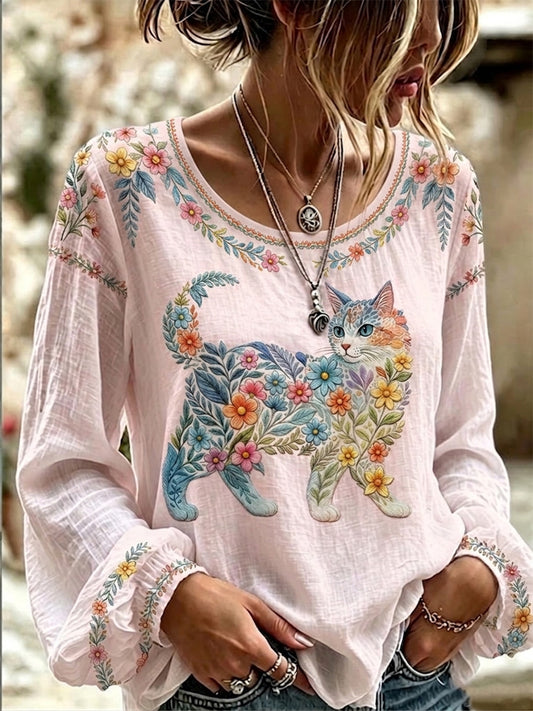 Chemise décontractée à manches longues pour femmes, imprimé fleurs et chats