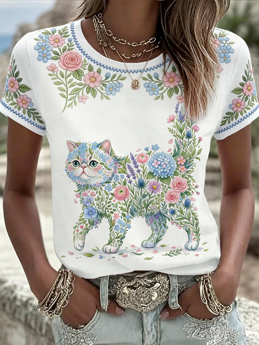 T-shirt décontracté pour femme à imprimé chat et fleurs