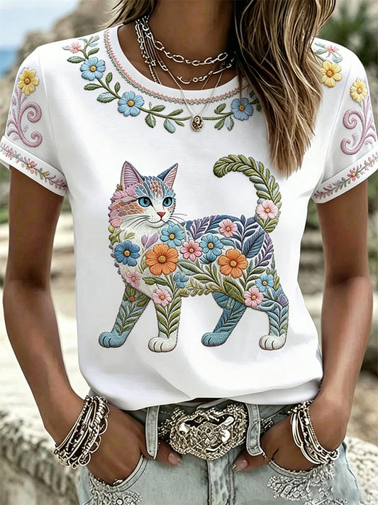 T-shirt décontracté pour femmes avec imprimé fleurs et chats