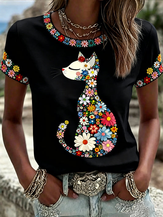 T-shirt décontracté pour femme à imprimé chat et fleurs
