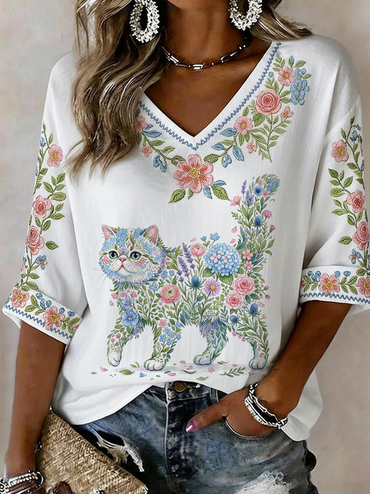 Chemise décontractée à manches mi-longues pour femme, imprimé fleurs et chat