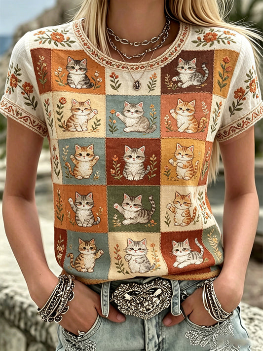 T-shirt décontracté pour femmes avec imprimé mignon de chats, plantes et fleurs