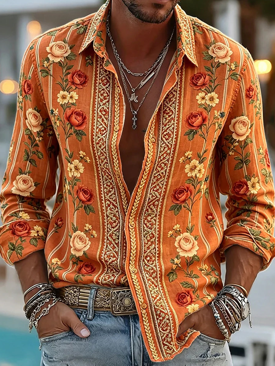 Chemise décontractée pour homme, imprimé d’art abstrait rétro, en coton-lin, à manches longues