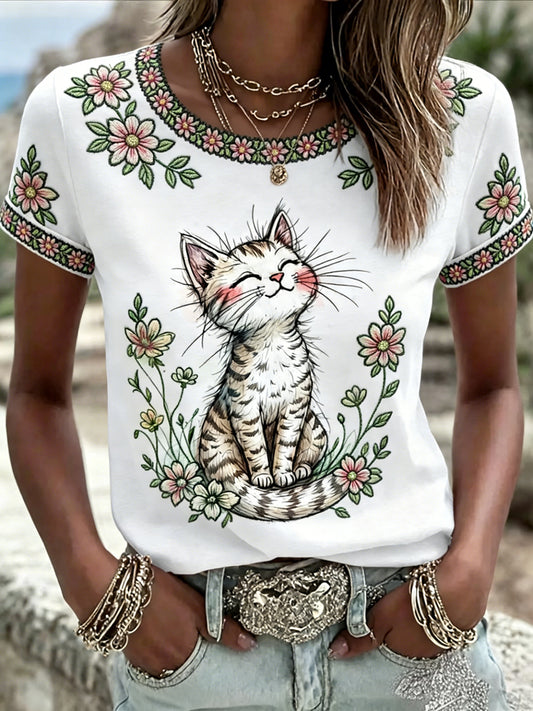Tee-shirt décontracté à imprimé floral mignon pour femmes