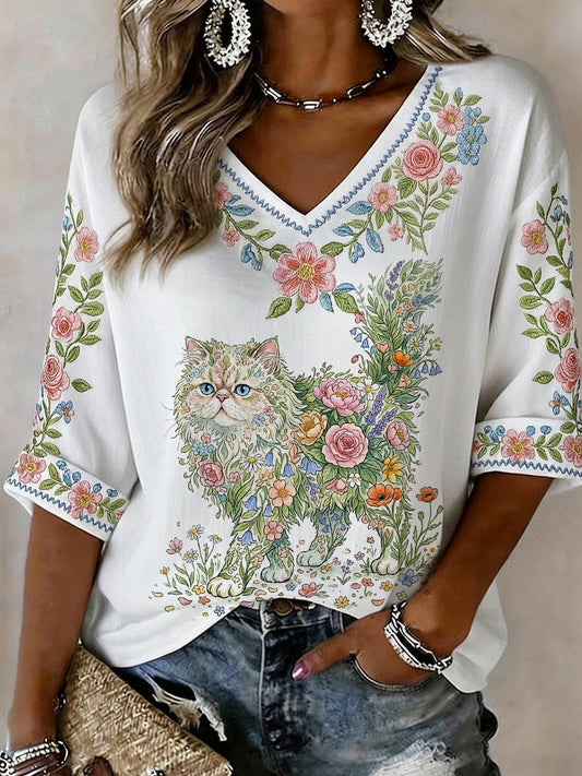 Chemise décontractée à manches mi-longues pour femme, imprimé fleurs et chat