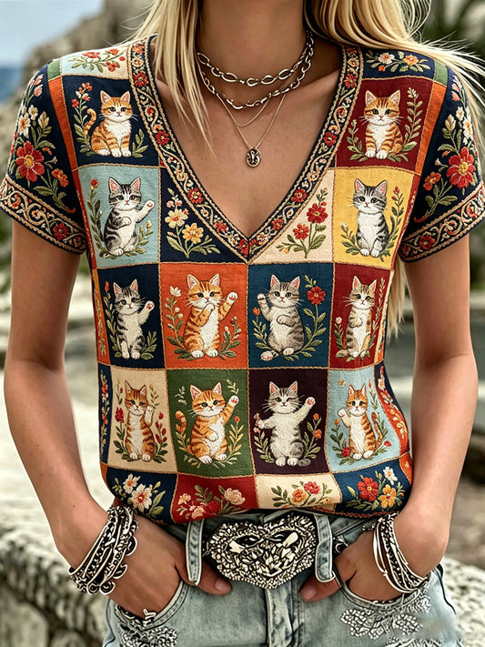 T-shirt décontracté à col en V pour femmes, avec imprimé mignon de chats et de plantes/fleurs