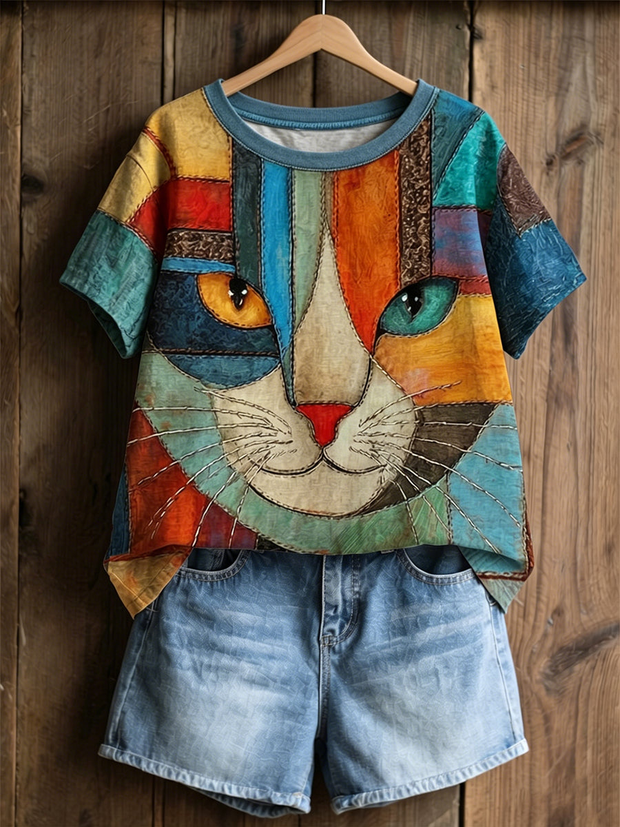 Femmes Vintage Chat Visage Colorblock Patchwork Art Coton Lin À Manches Courtes Top