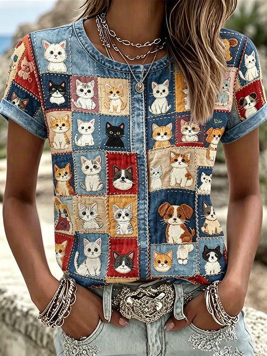 Vintage chat et chien art couleur-bloc coton lin ras du cou des femmes à manches courtes T-shirt