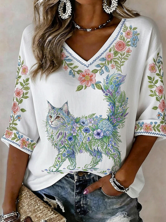 Chemise décontractée à manches mi-longues pour femme, imprimé fleurs et chat