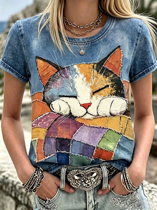 Les femmes belle dormir chat colorblock patchwork art coton lin ras du cou à manches courtes top