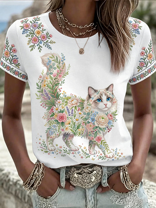 T-shirt décontracté pour femme à imprimé chat et fleurs