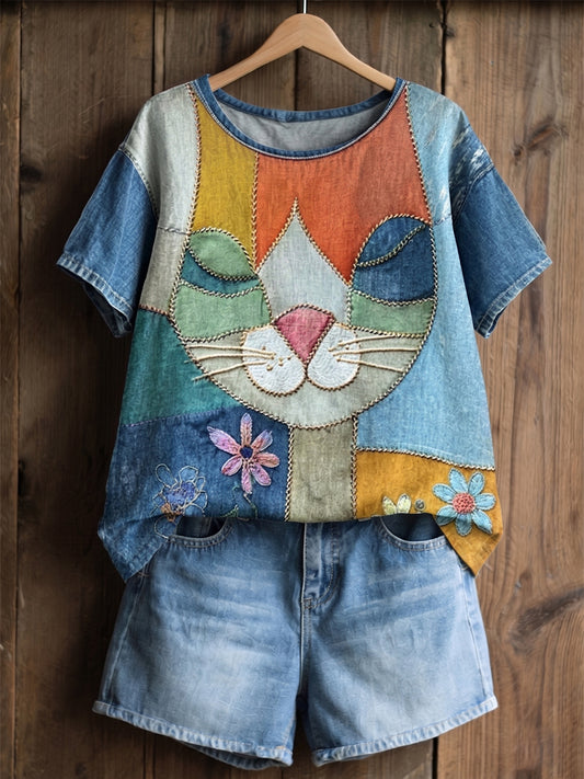 Femmes Vintage Chat Visage & Fleurs Colorblock Patchwork Art Coton Lin À Manches Courtes Top