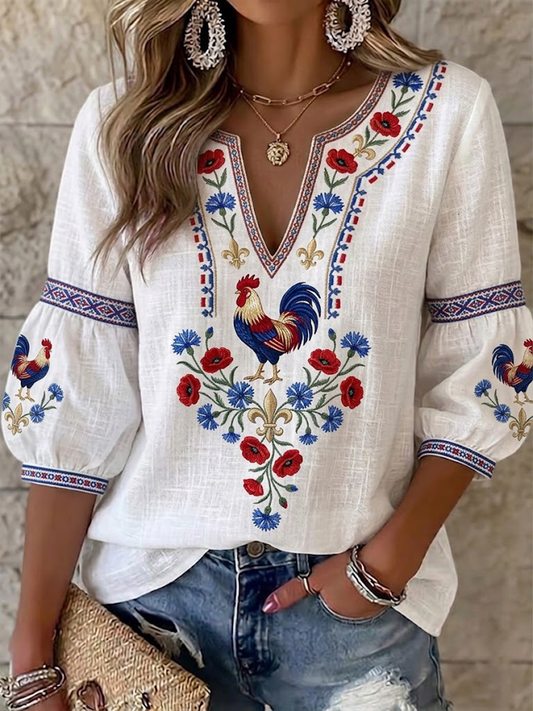 Chemise femme France Coq Gaulois en coton-lin à fleurs