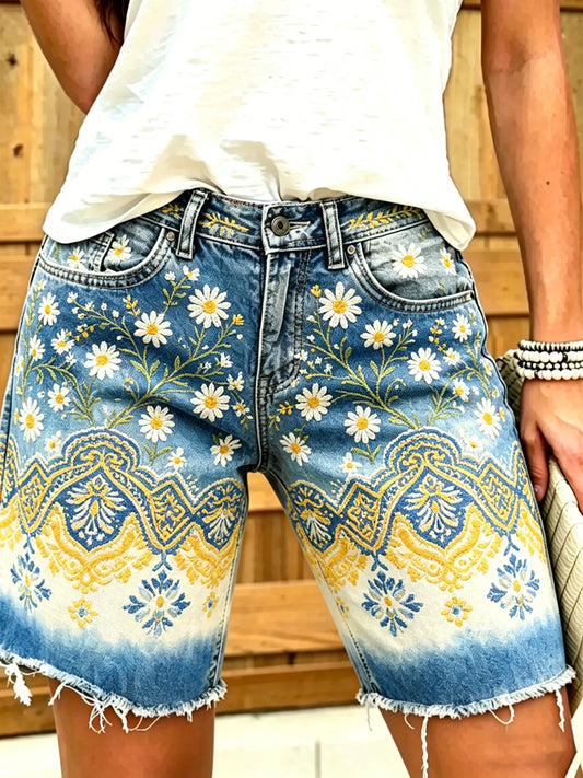Pantalon mi-long en coton et lin à motif floral pour femme