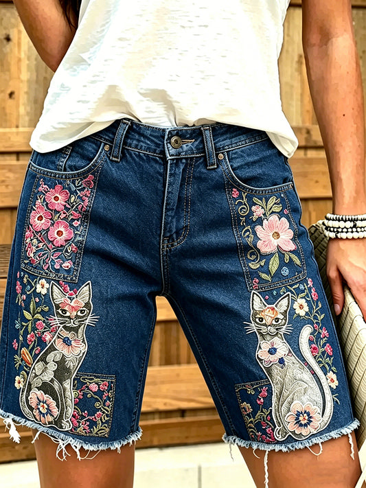 Jeans courts imprimés d'art animalier pour femmes