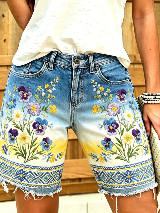 Pantalon mi-long en coton et lin à motif floral pour femme