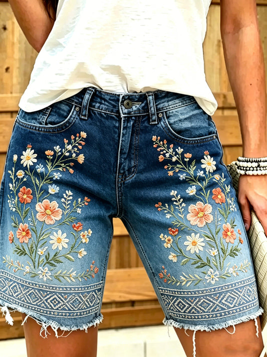 Pantalon mi-long en coton et lin à motif floral pour femme