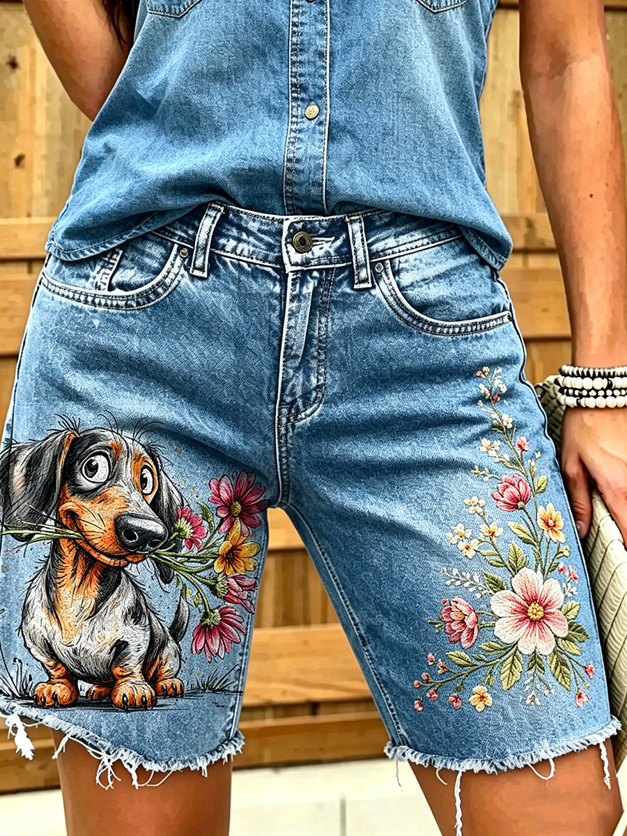 Jeans courts imprimés d'art animalier pour femmes
