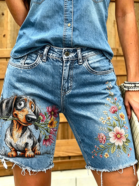 Jeans courts imprimés d'art animalier pour femmes