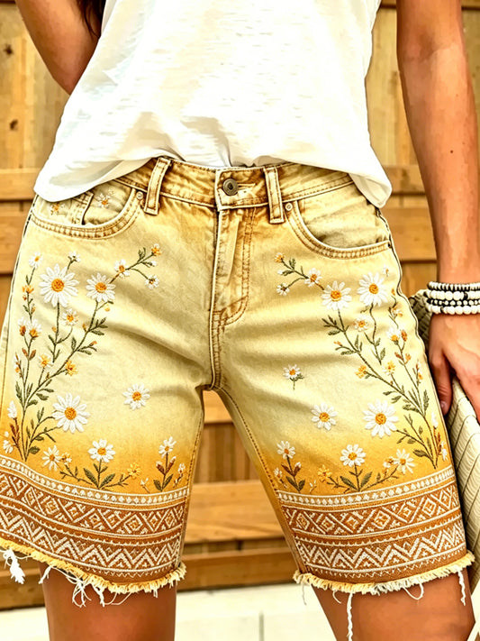 Pantalon mi-long en coton et lin à motif floral pour femme