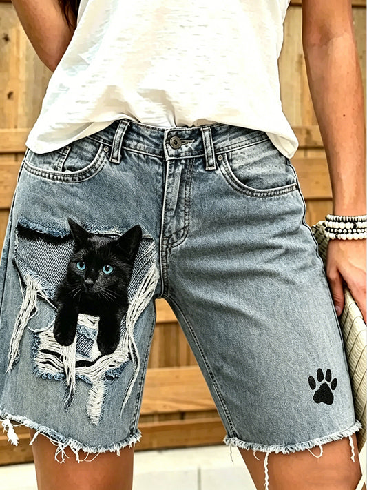 Jeans courts imprimés d'art animalier pour femmes