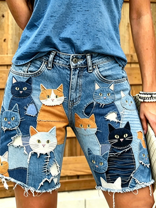 Jeans courts imprimés d'art animalier pour femmes