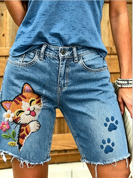 Jeans courts imprimés d'art animalier pour femmes