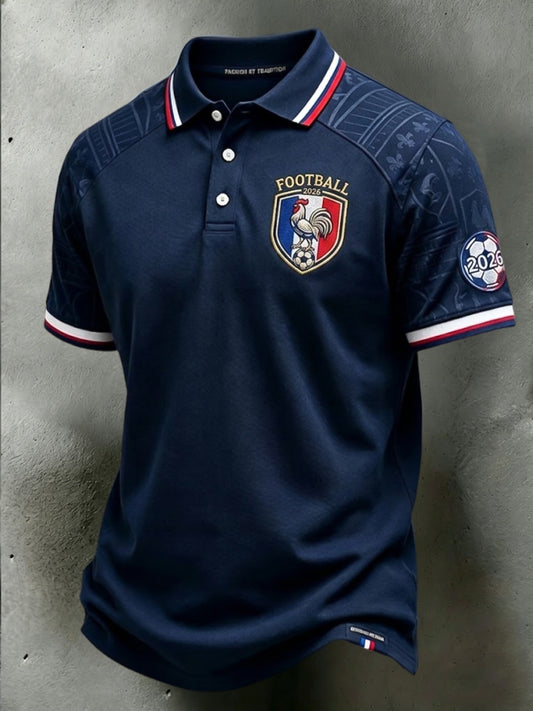 Polo décontracté patchwork pour fan de football, style rétro français 2026
