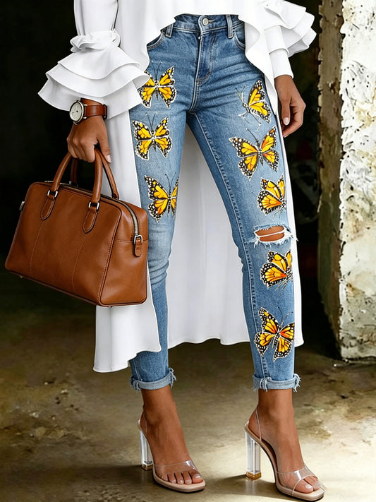 Jeans pour femmes à imprimé animalier et floral