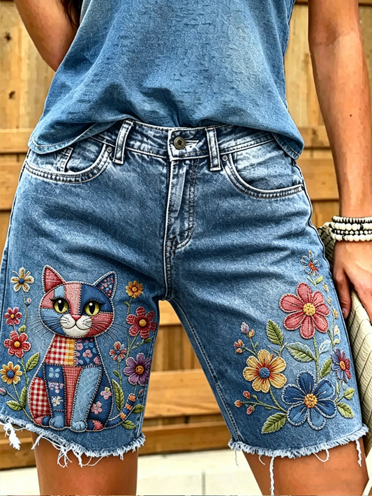Jeans courts imprimés d'art animalier pour femmes