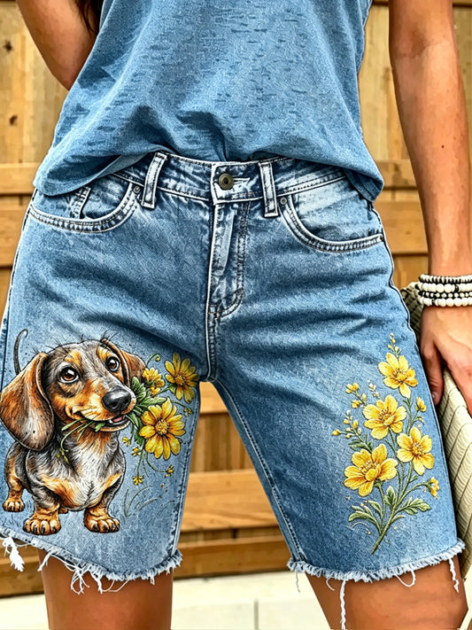 Jeans courts imprimés d'art animalier pour femmes