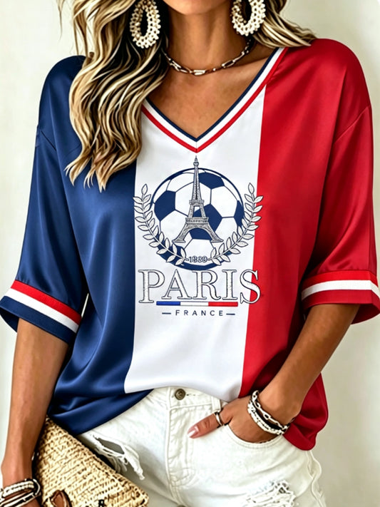 T-shirt à manches mi-longues et col en V pour femme