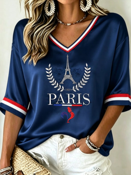 T-shirt à manches mi-longues et col en V pour femme