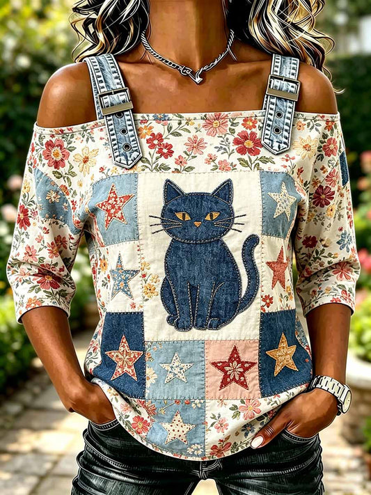 T-shirt tendance pour femme à imprimé patchwork animalier et floral