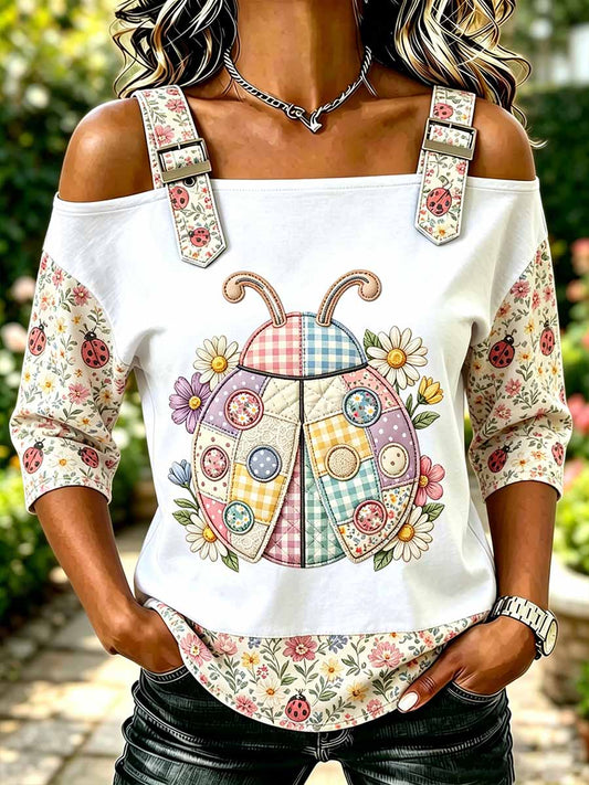T-shirt décontracté imprimé motif de coccinelle sept étoiles pour femmes