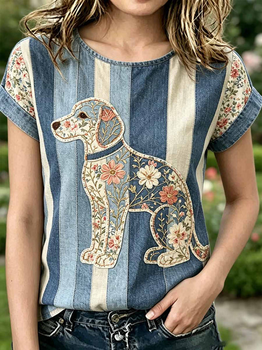 T-shirt décontracté à imprimé motif chien pour femme