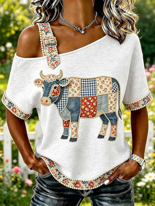 T-shirt tendance pour femme à imprimé patchwork animalier et floral