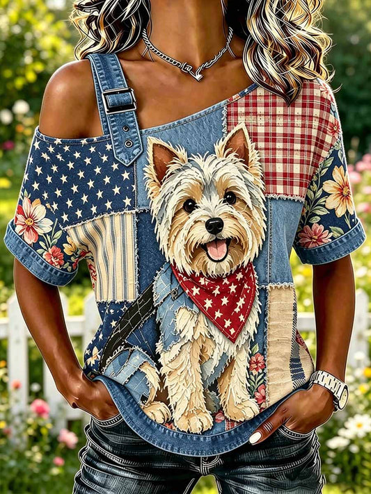 T-shirt décontracté à imprimé motif chien pour femme
