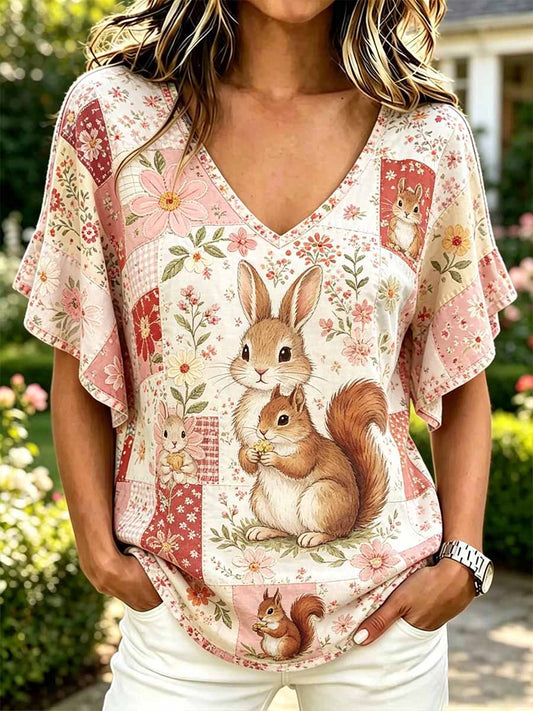 T-shirt imprimé à motif écureuil décontracté pour femmes