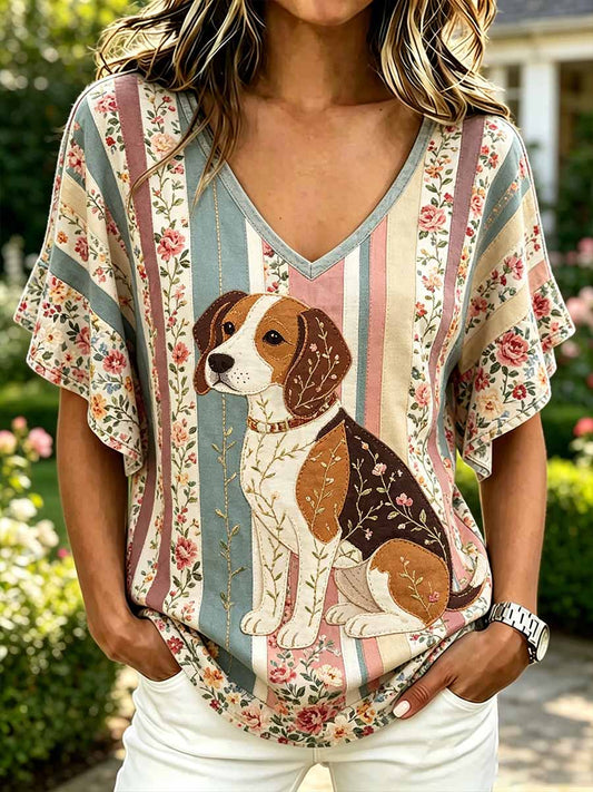 T-shirt décontracté à imprimé motif chien pour femme