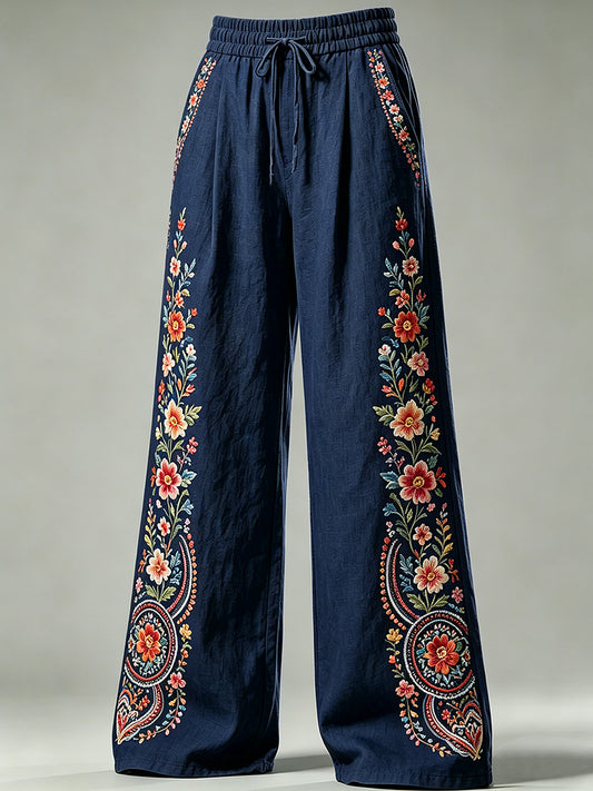 Pantalon à cordon de serrage pour femme, motif floral artistique