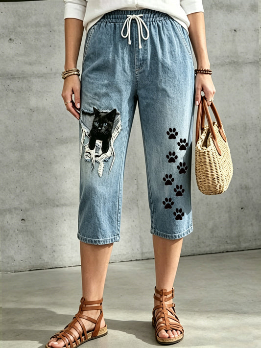 Pantalon mi-long à cordon de serrage pour femme, imprimé floral et motifs animaliers