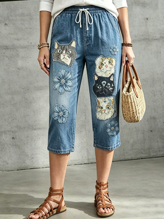 Pantalon mi-long à cordon de serrage pour femme, imprimé floral et motifs animaliers