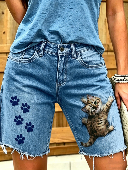 Jeans courts imprimés d'art animalier pour femmes