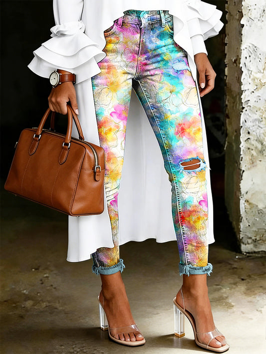 Jean pour femme à imprimé floral artistique