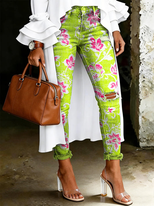 Jean pour femme à imprimé floral artistique