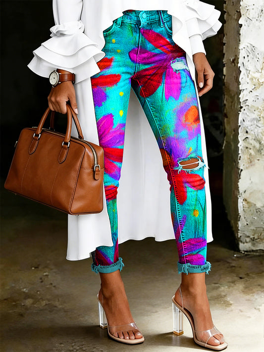 Jeans artistiques à imprimé floral pour femmes
