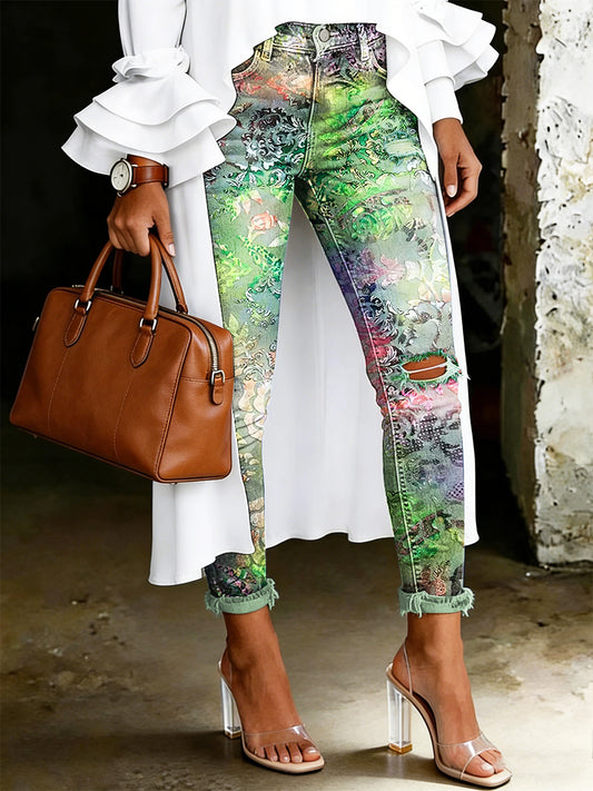 Jean pour femme à imprimé floral artistique