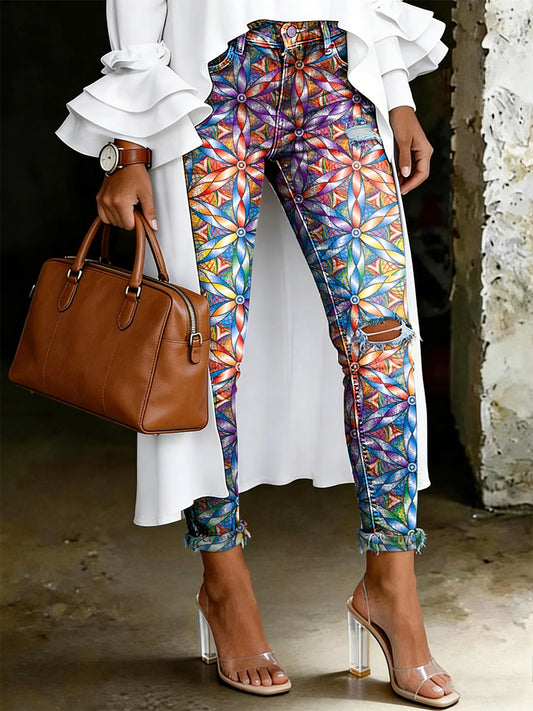 Jean pour femme à imprimé floral artistique