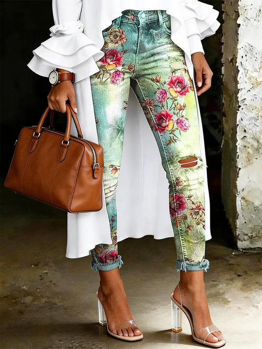 Jean pour femme à imprimé floral artistique